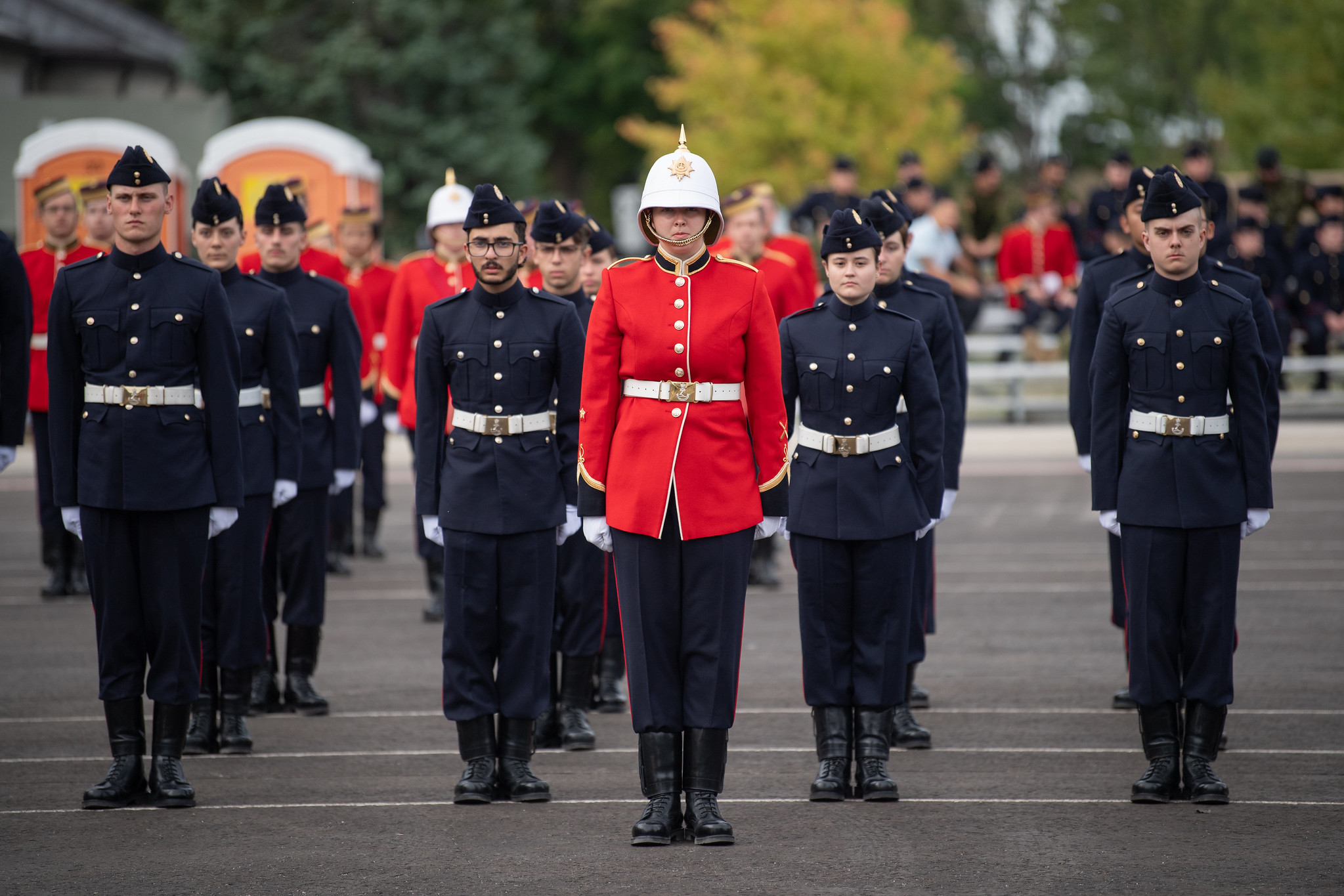 First-Year N/OCdts standing at attention on the parade square during the Badging Weekend.